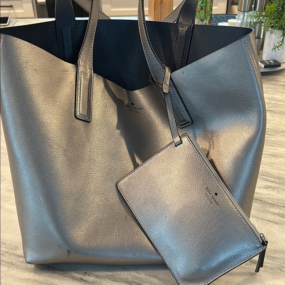 Kate Spade Silver Metallic Tote with Matching Pouch